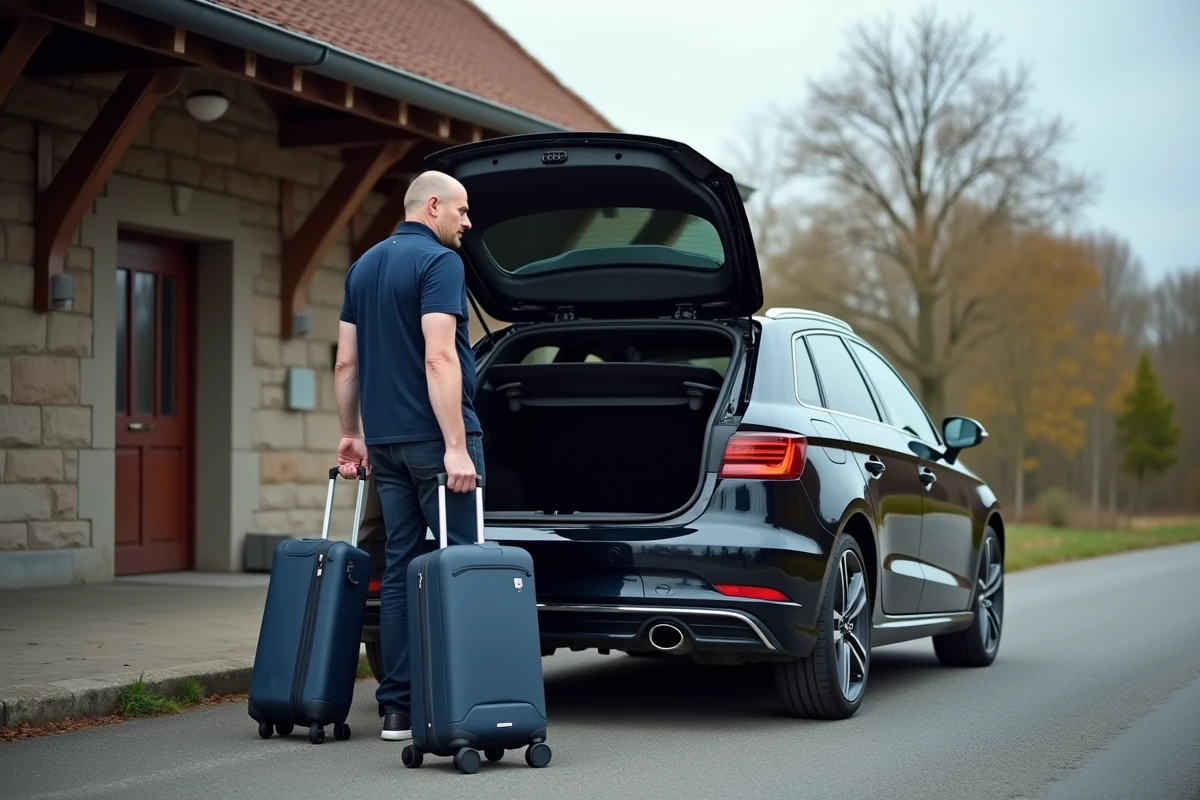 Homme évaluant l'espace du coffre d'une Audi A3 Sportback noire avec des valises cabine en gare