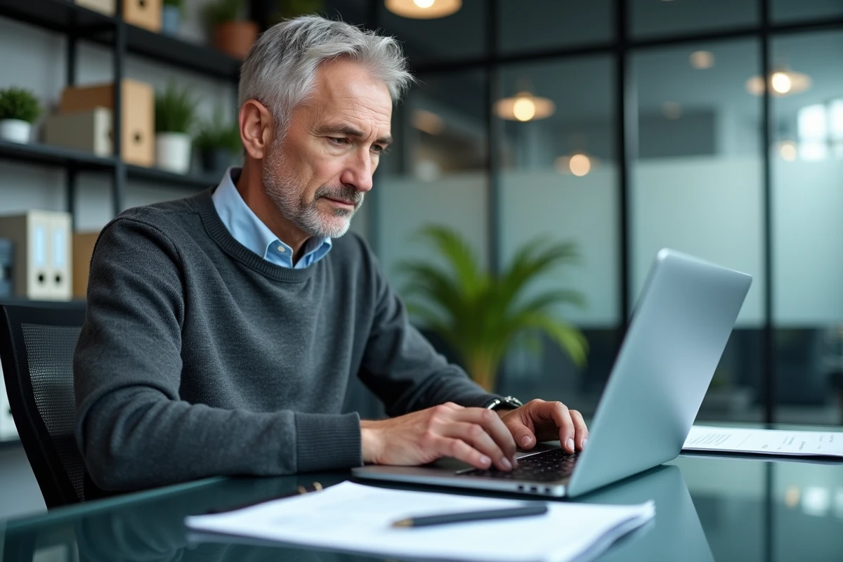Homme consultant un document de cession de vente PDF sur ordinateur portable dans un bureau moderne