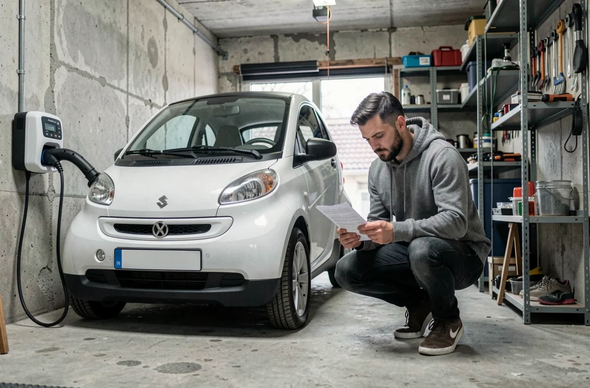 Homme lisant un contrat de location de voiture sans permis électrique dans un garage
