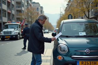 Homme d'âge moyen vérifiant un ticket sur son pare-brise en ville