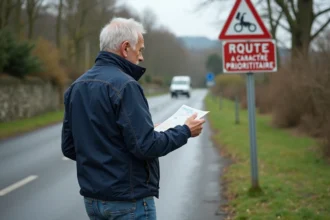 Homme regardant un panneau de route prioritaire en campagne