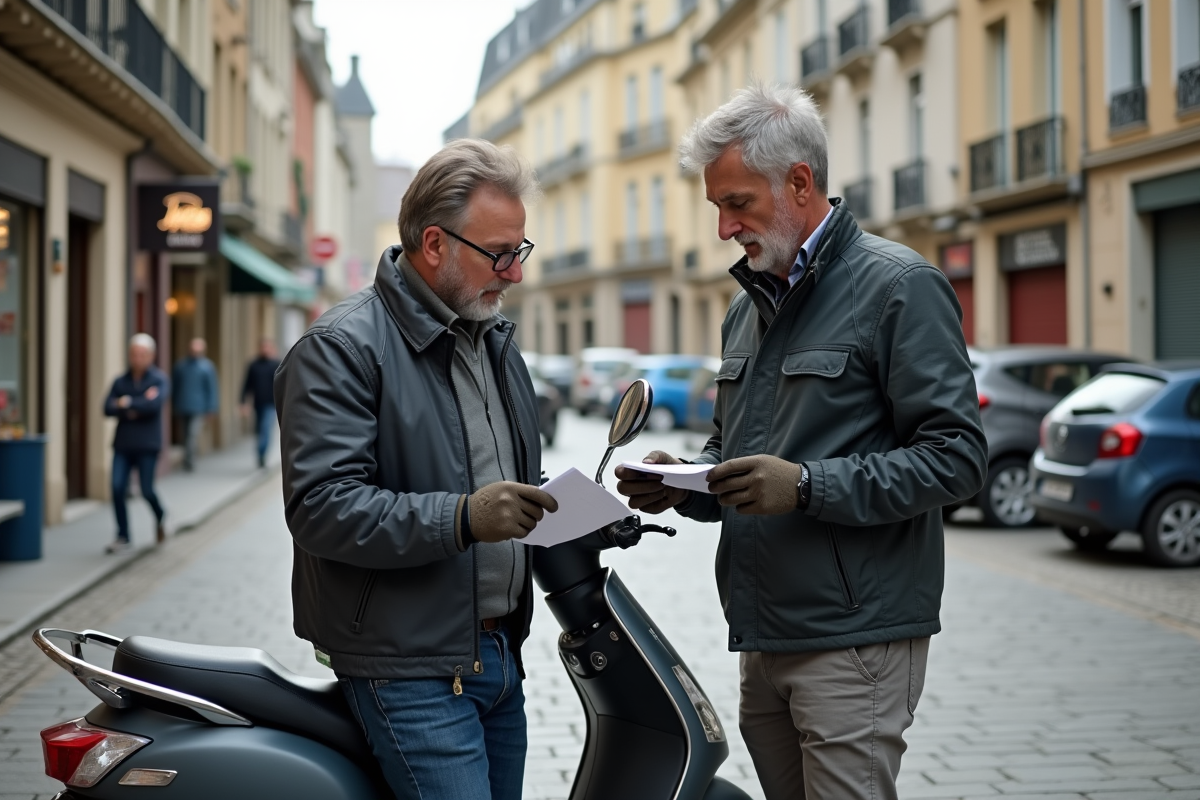Homme discutant avec moniteur à côté d’un scooter en ville