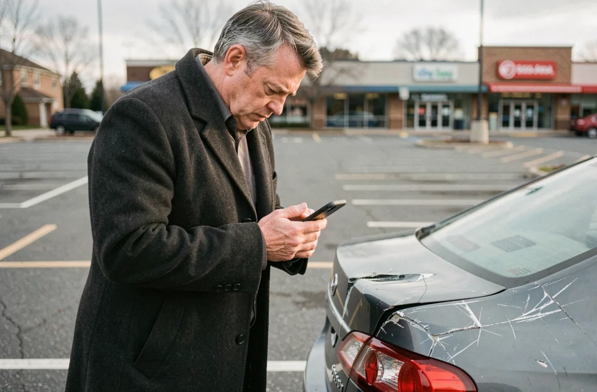 Homme constatant les dégâts sur une voiture en stationnement non assurée dans un parking suburban