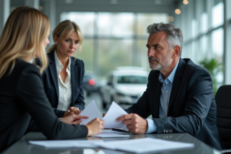 Homme d'affaires discutant avec une femme derrière un bureau de concessionnaire automobile