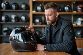 Homme examinant un casque moto brillant en boutique