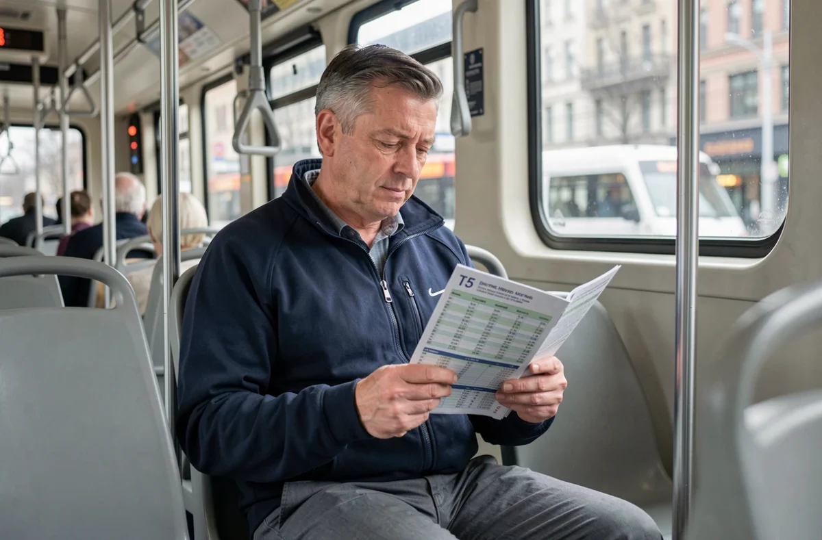 Homme lisant un guide horaire du tramway T5 à l'intérieur d'une rame de tramway en déplacement