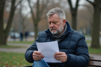 Homme seul sur un banc lisant une lettre dans un parc