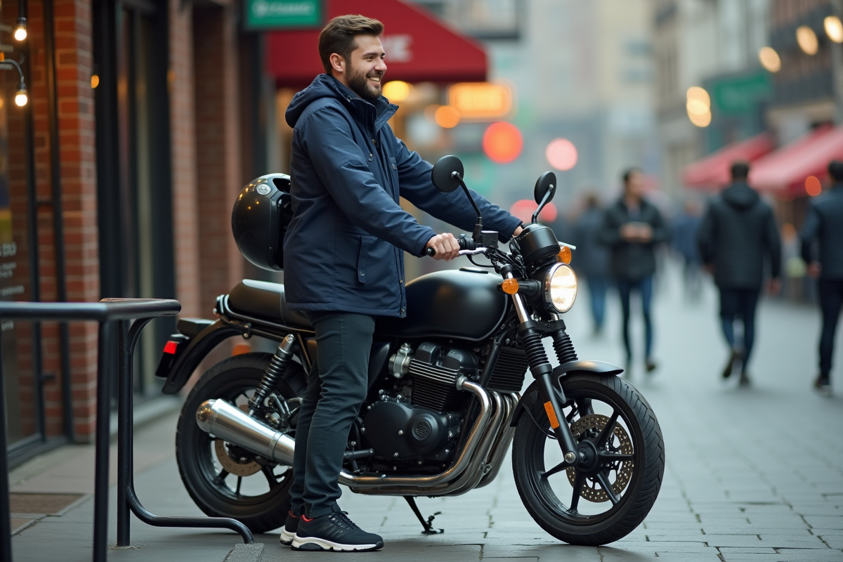 Homme en veste navy verrouille sa moto en ville