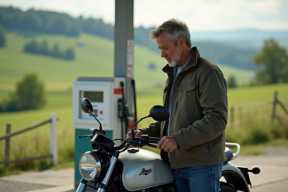 Homme d'âge moyen vérifiant le niveau de carburant à côté d'une moto en campagne