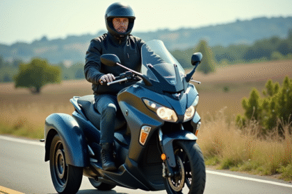 Homme en équipement moto sur une moto avec sidecar en extérieur