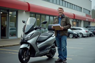 Homme d'âge moyen avec trike moderne à l'extérieur
