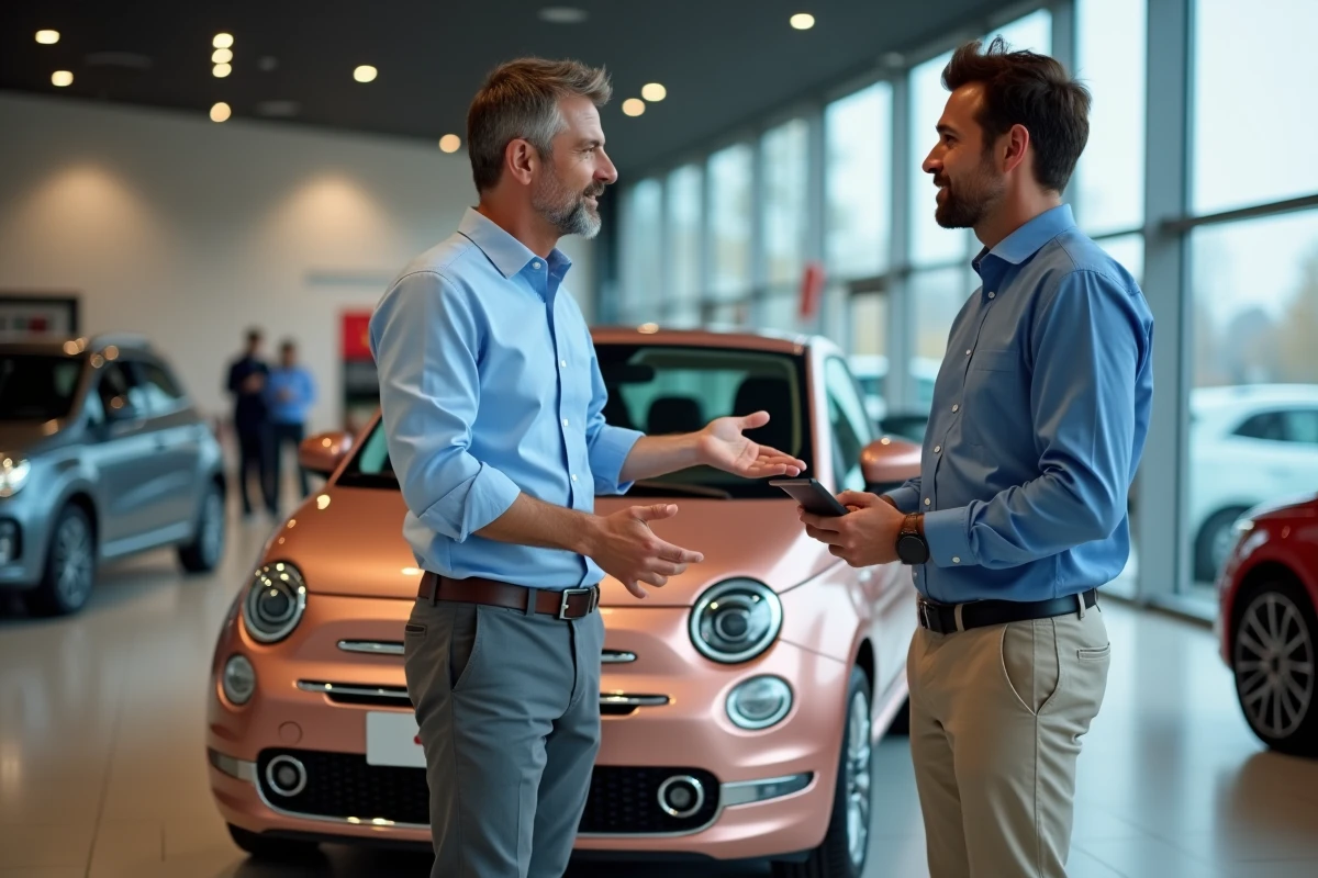 Homme en chemise bleue négociant avec un vendeur dans un showroom