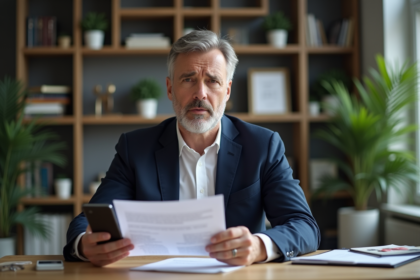 Homme d'âge moyen avec documents et smartphone dans un bureau moderne