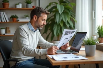 Homme d'âge moyen travaillant sur son ordinateur avec des annonces auto