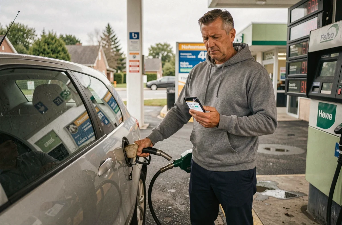 Homme faisant le plein d'essence à une station-service tout en consultant une application de calcul du coût de trajet sur son téléphone
