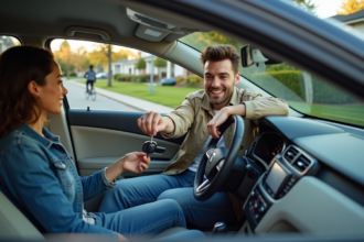 Homme jeune donnant les clés à une femme dans une voiture moderne