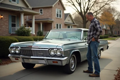 Homme en jeans et chemise à carreaux restaurant une réplique d'impala