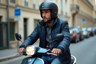Homme en scooter à Paris avec bâtiments haussmanniens
