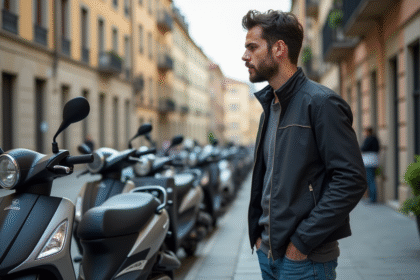 Homme examine des scooters modernes en ville