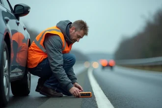 Homme en gilet réfléchissant posant un balise V16 sur la route
