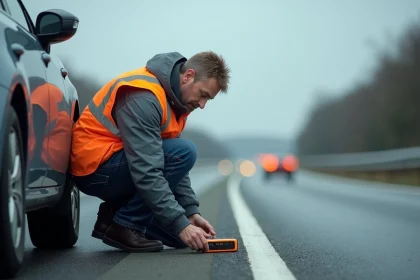 Homme en gilet réfléchissant posant un balise V16 sur la route