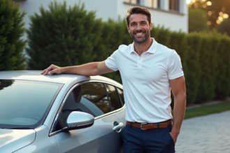 Homme en polo blanc et voiture de luxe en extérieur