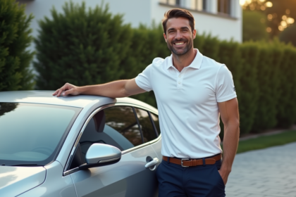 Homme en polo blanc et voiture de luxe en extérieur