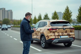 Homme d'âge moyen avec SUV camouflage en ville