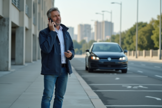 Homme d'âge moyen téléphone dans une ville urbaine