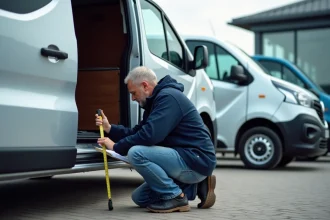 Homme mesurant un van Trafic en extérieur