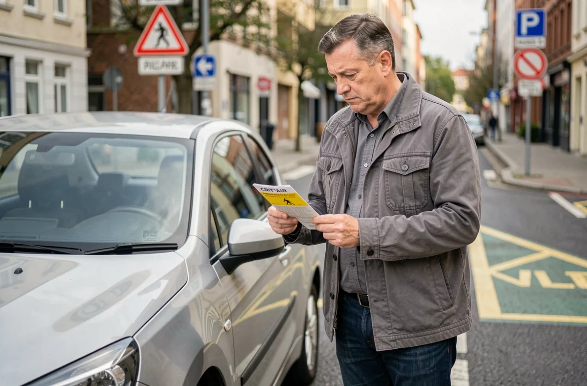 Homme tenant une vignette Crit'Air à côté de sa voiture dans une zone à faibles émissions