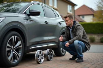 Homme comparant trois roues alliage sur une voiture en driveway