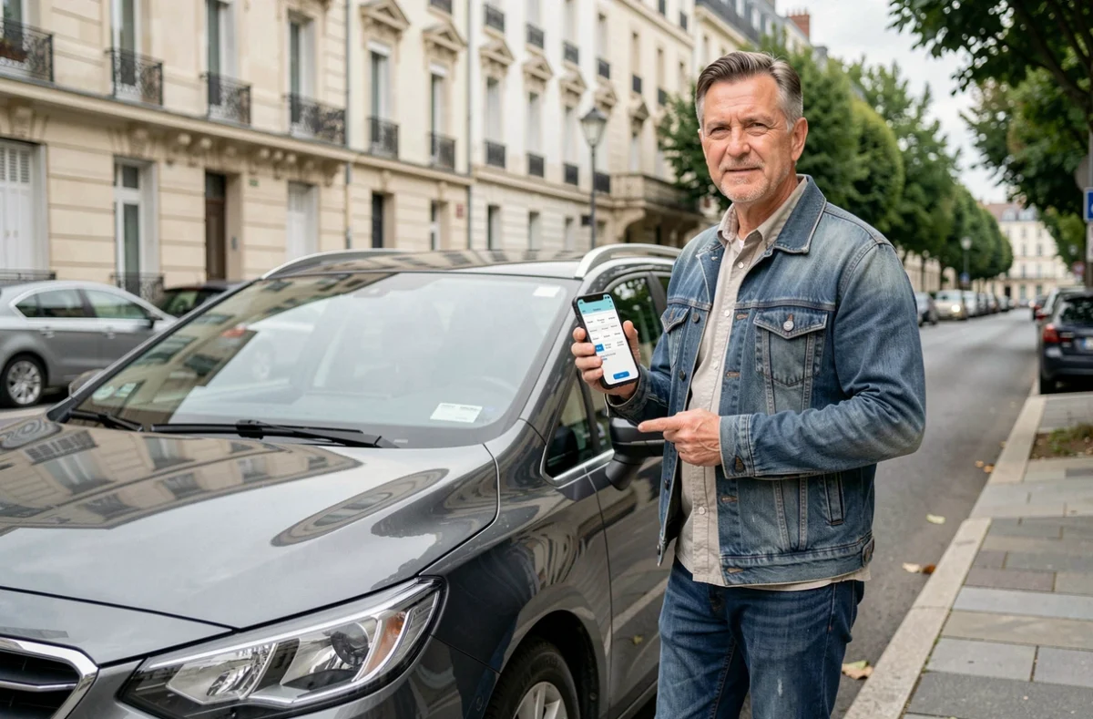 Homme debout près de sa voiture dans une rue d'Ivry-sur-Seine consultant une appli d'assurance auto
