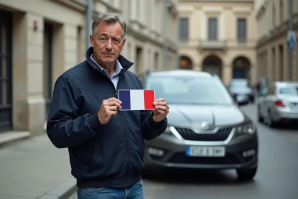 Homme tenant une plaque d'immatriculation française rouge