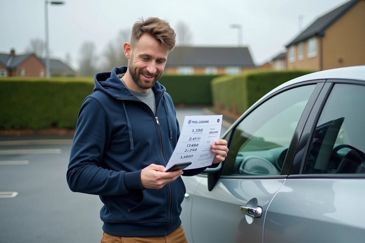 Homme debout à côté d'une voiture compacte en location avec option d'achat à petit budget mensuel