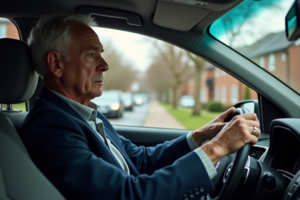 Homme d'âge moyen dans sa voiture en ville pensif