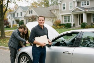 Homme d'âge moyen avec voiture moderne dans un quartier résidentiel