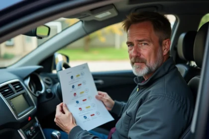 Homme d'âge moyen dans une voiture avec tableau de symboles