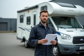 Homme en combinaison tenant des documents administratifs devant un camping-car blanc dans un centre d'immatriculation belge