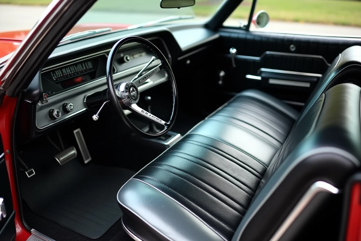 Intérieur d'origine restauré d'une Chevrolet Impala 1967 avec tableau de bord et banquette en vinyle