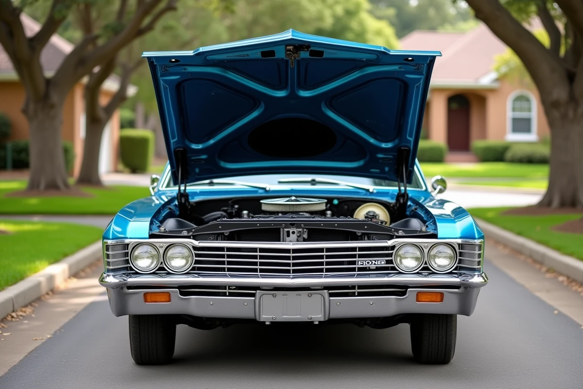 Moteur V8 327 d'époque restauré sous le capot d'une Chevrolet Impala 1967 bleue dans une allée de banlieue américaine
