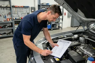 Ingénieur automobile consultant une fiche de conversion CV en kW devant le moteur d'une berline moderne dans un garage professionnel