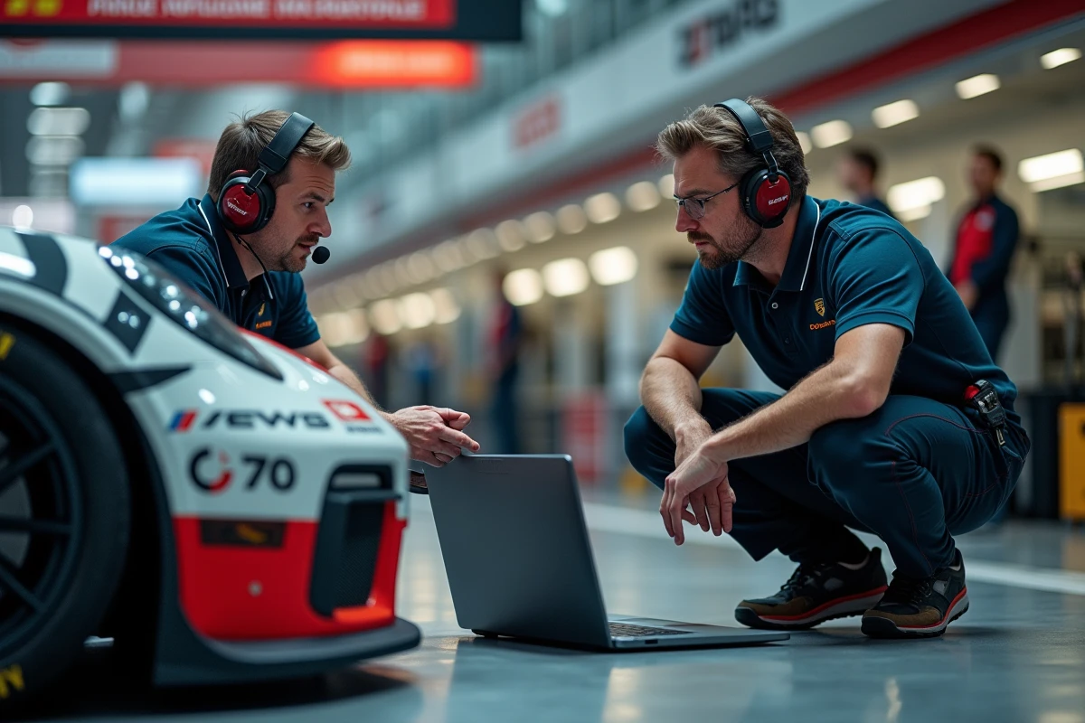Ingénieurs d'une équipe Porsche GT3 Cup analysant la télémétrie en stand, conseils techniques pour améliorer le temps au tour