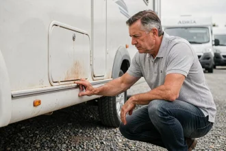 Homme inspectant la carrosserie d'un camping-car Adria d'occasion dans un lot de vente