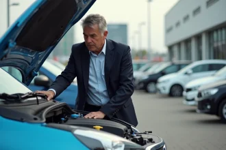 Homme d'âge moyen inspectant le moteur d'une voiture en concession