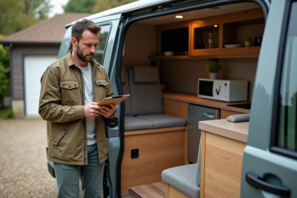 Homme inspectant un van Volkswagen aménagé extérieur