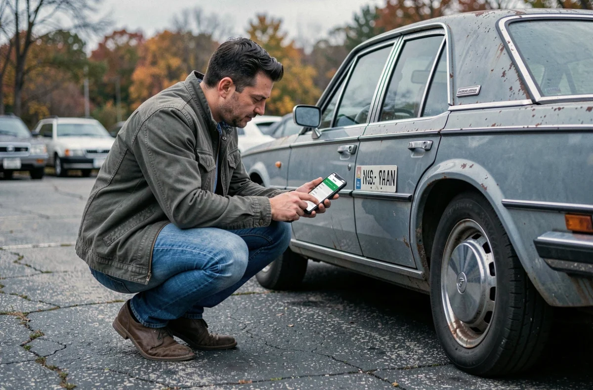 Homme vérifiant le numéro VIN d'une ancienne voiture dans un parking avec une application d'historique sur smartphone