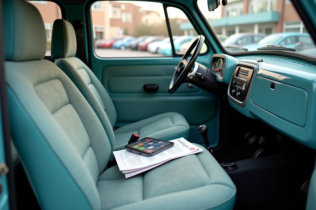 Intérieur d'une Fiat Topolino d'occasion avec guide de prix et smartphone affichant une annonce de vente, tableau de bord minimaliste visible