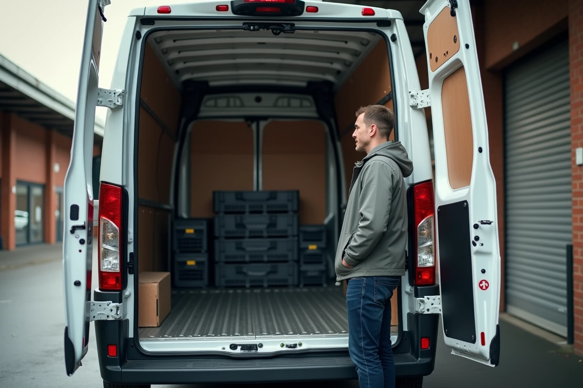 Intérieur du compartiment cargo d'un fourgon L2H2 avec hauteur mesurée et livreur à l'arrière