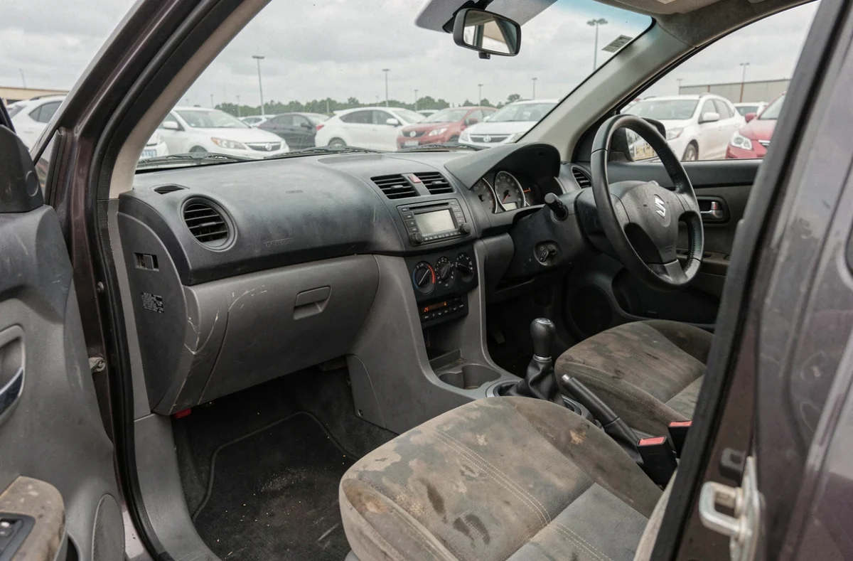 Intérieur usé d'une Suzuki Swift 1.3 DDiS avec siège conducteur fatigué et tableau de bord vintage, illustrant l'état d'un modèle à kilométrage élevé